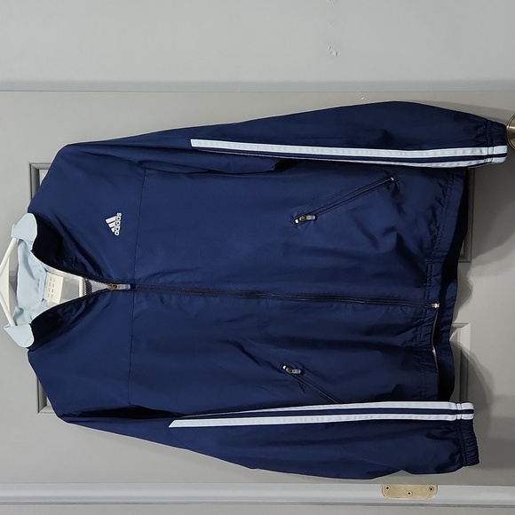 Adidas Navy & Light Blue Stripes Full Zip Windbreaker Jacket medium - Picture 1 of 10